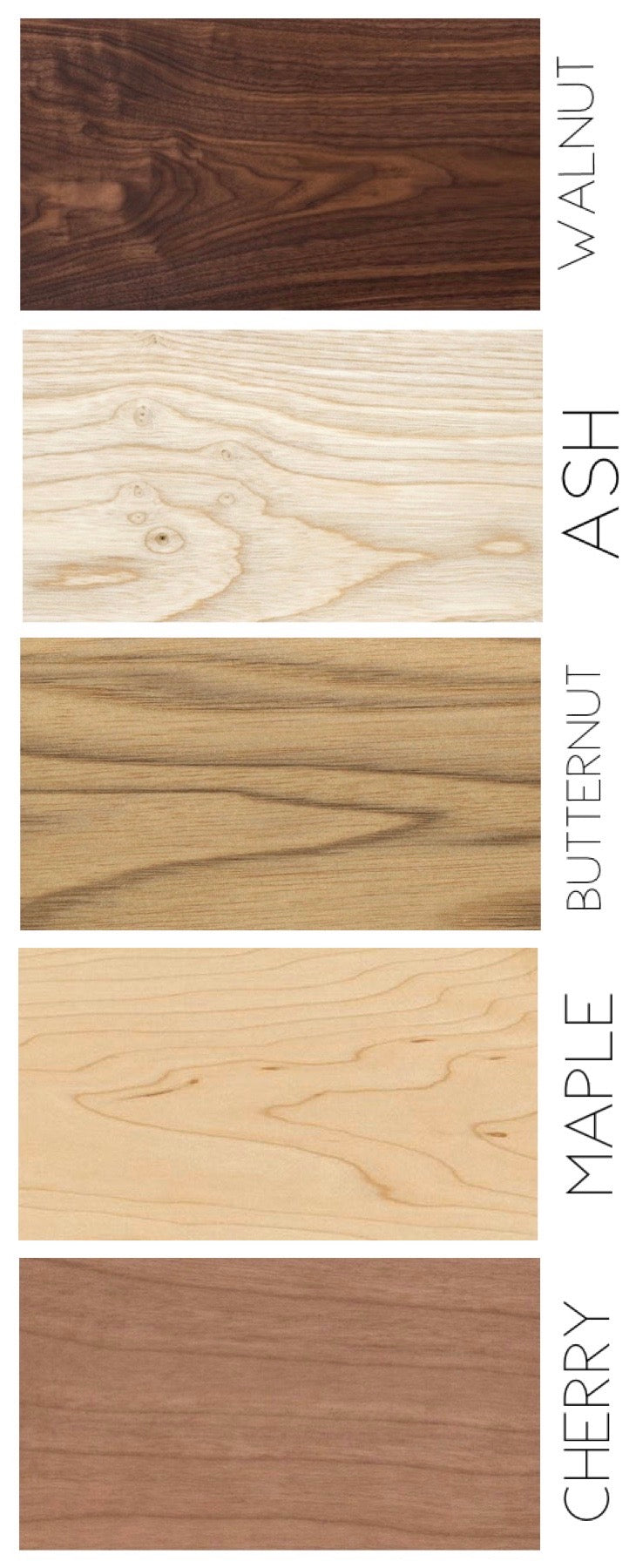 A guide for the various options of wood shades for the Castle Joint coffee table