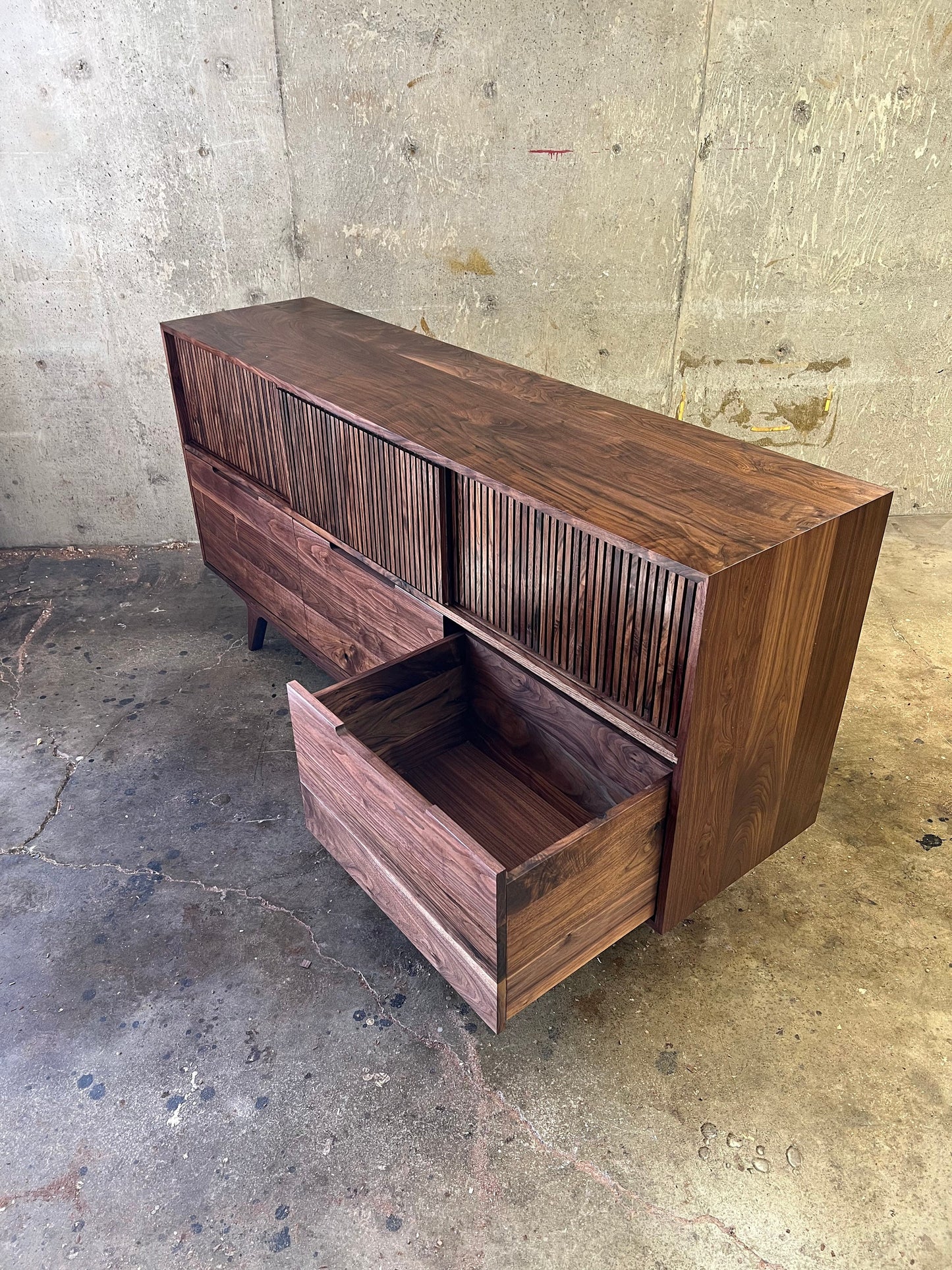 Media storage cabinet, sideboard, tv stand. “The Palisade Cabinet”, pictured in walnut.