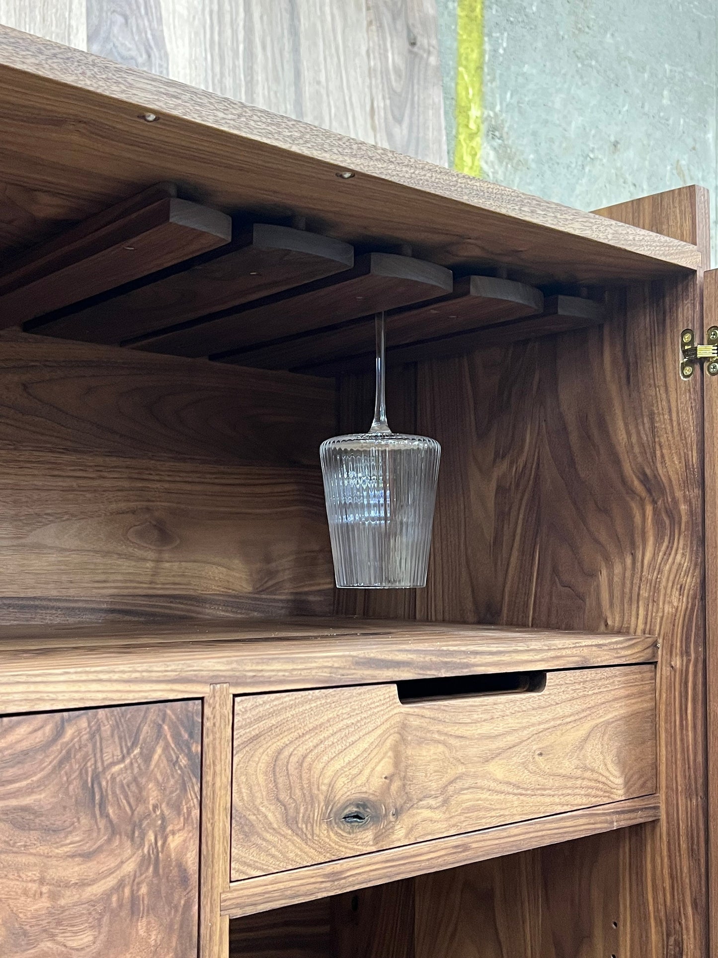 Liquor Cabinet with Glass Hangers, Bottle Storage, and Drawers